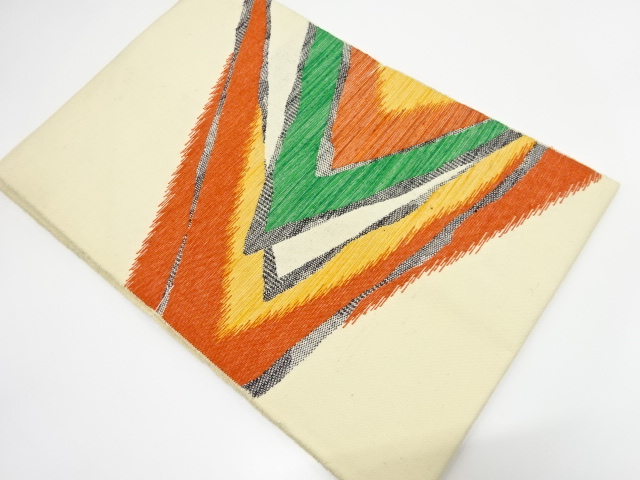 未使用品　手織り紬　幾何学模様織り出し　名古屋帯